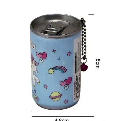 Small blue can with cartoon designs and measurements on a white background