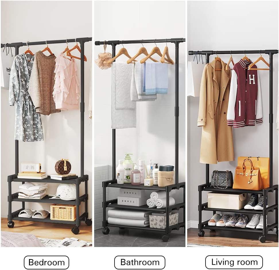 Metal Clothes Stand with 3 Tier Shelves - Black