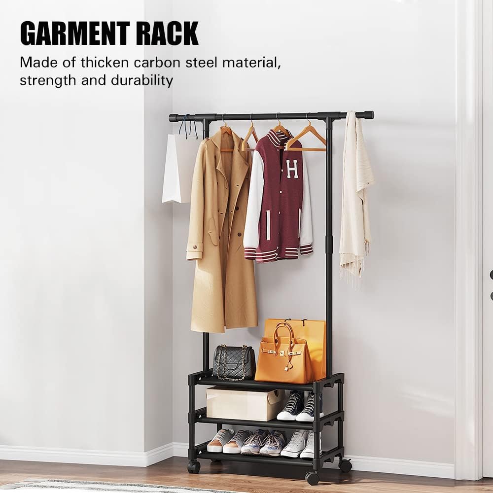 Metal Clothes Stand with 3 Tier Shelves - Black