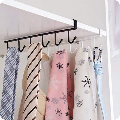 Under Cabinet Mug Holder Rack | Adhesive Coffee Cup Hooks | Drill-Free Metal Kitchen Organizer with 6 Hooks for Cups, Utensils, Belts & Scarves