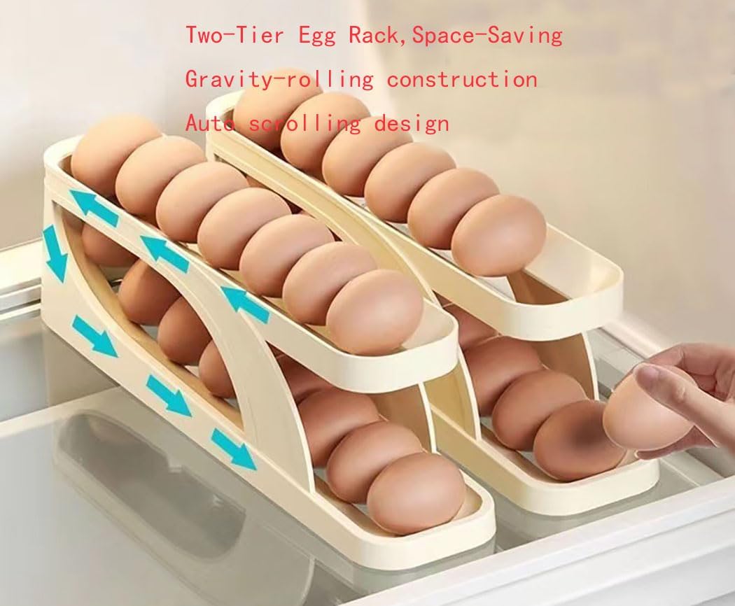 2-Tier Automatic Rolling Egg Holder for Refrigerator & Countertop | Space-Saving Egg Dispenser & Organizer