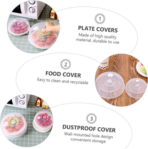Plate covers with text on their benefits on a white background