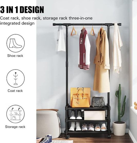 Metal Clothes Stand with 3 Tier Shelves - Black