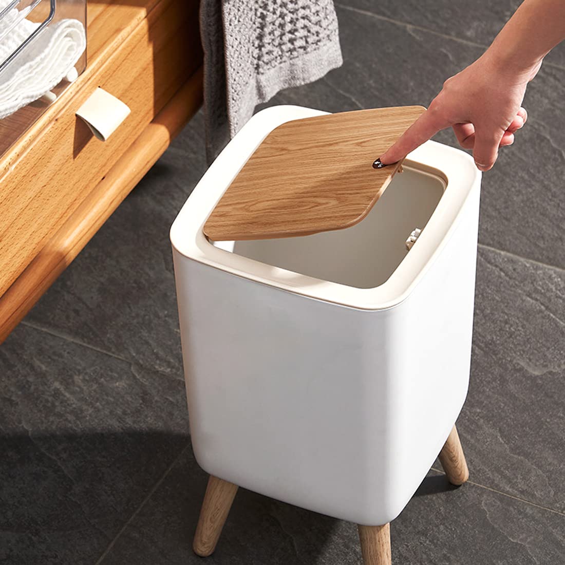 10L Square Plastic Trash Can with Lid | Compact Dust Bin with Pressure Lock Lid
