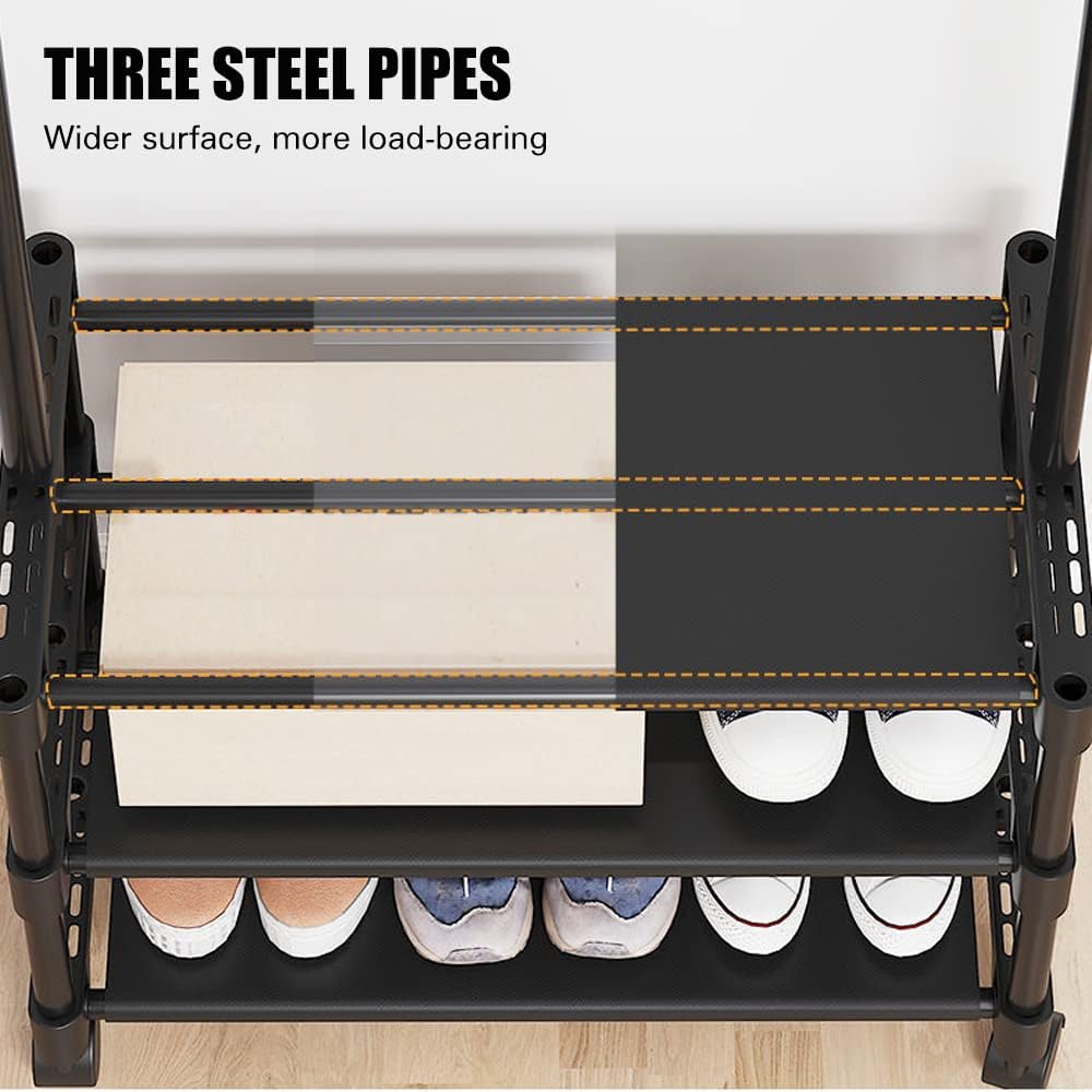 Metal Clothes Stand with 3 Tier Shelves - Black