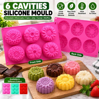 6 Cavities Silicone Chocolate & Mooncake Mould | Non-Stick Silicone Cake Mold for Chocolate, Jelly, Candy, Muffins & Mooncakes
