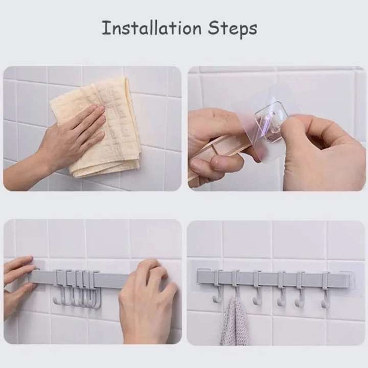 Step-by-step installation process of a wall-mounted hook system.
