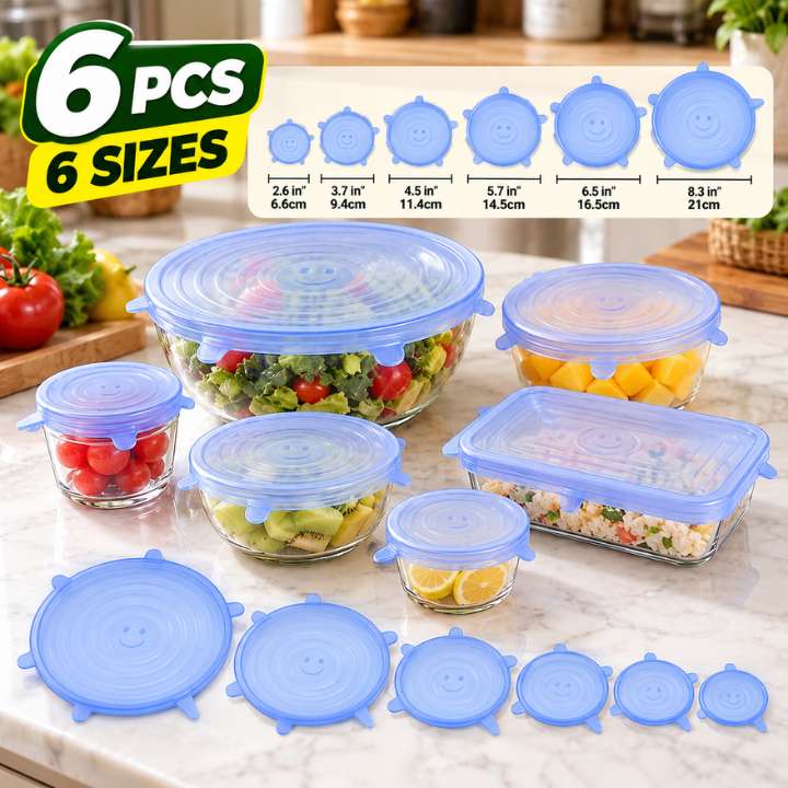 6Pcs Food Silicone Stretch Lids Set – Reusable Silicone Bowl Covers | Elastic Food Storage Covers | Airtight Stretchable Silicone Lid Covers