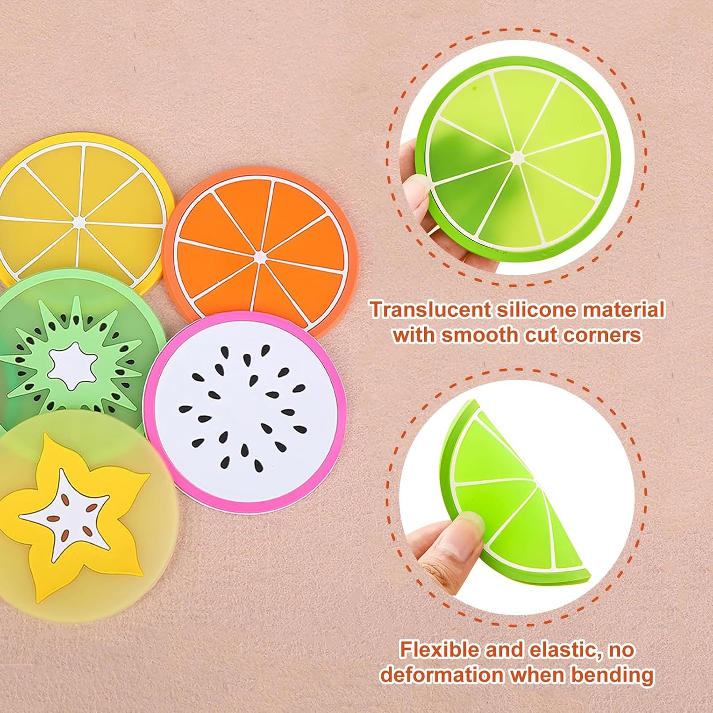 Silicone Drinks Coasters Set of 6 – Fun Fruit Design, Heat-Resistant Table Protectors