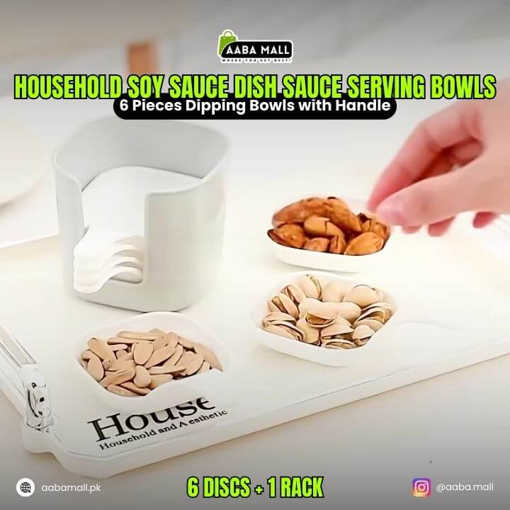 Set of 6 pieces of household soy sauce dish sauce serving bowls with a hand placing food items on them.