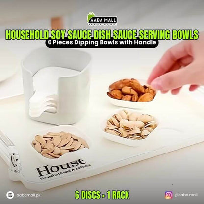 Set of 6 pieces of household soy sauce dish sauce serving bowls with a hand placing food items on them.