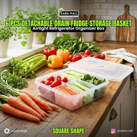 6 Pcs Detachable Drain Basket Fridge Food Storage Container with Lid – Airtight Refrigerator Organizer Box