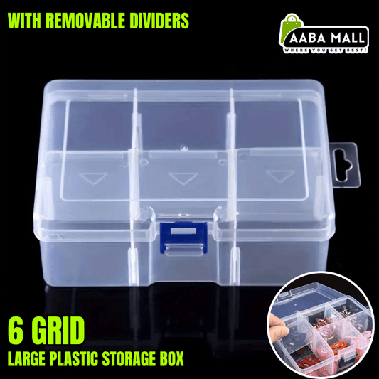 Clear plastic storage box with removable dividers on a black background, featuring AABA MALL branding.