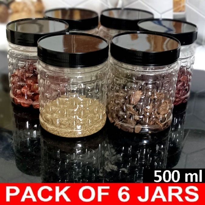 Pack of 6 plastic jars with black lids on a reflective surface.