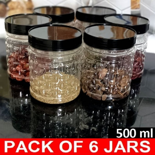 Pack of 6 plastic jars with black lids on a reflective surface.