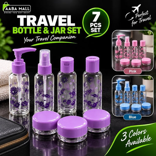 7 piece travel bottle and jar set with four floral print bottles and three cosmetic jars for toiletries, shampoo and skincare
