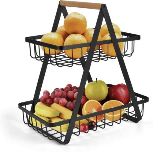 2-Tier Countertop Vegetable Fruit Basket Fruit Bowl Bread Basket Vegetable Holder for Kitchen Storage Black