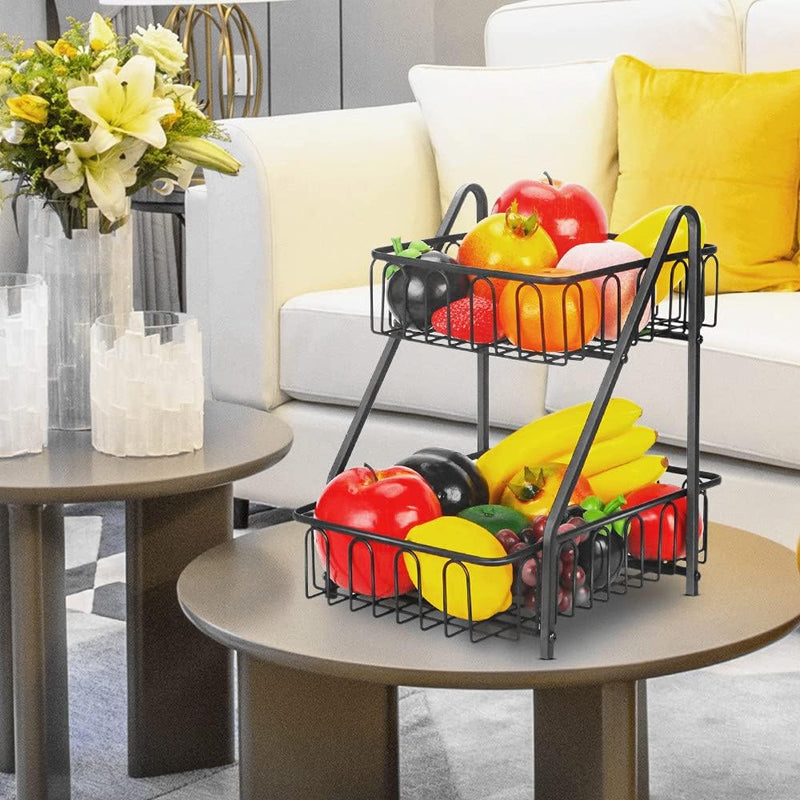 2-Tier Animal Design Fruit & Bread Basket ? Decorative Black Metal Rack for Fruits, Vegetables, Snacks ? Kitchen Countertop Storage Organizer - AABA MALL