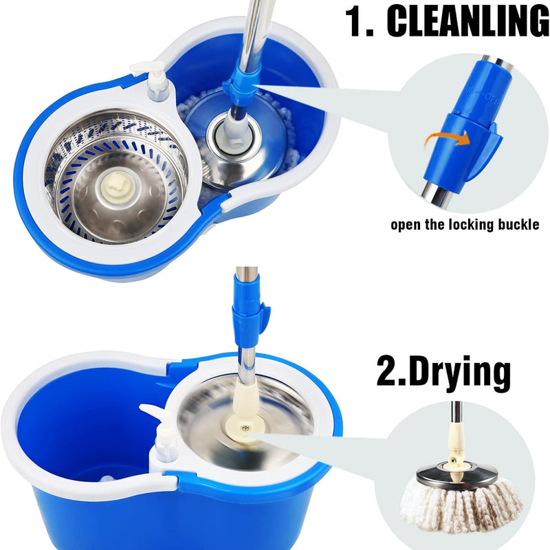 360 Degree Easy Spin Bucket Mop - 2 Microfiber Head and Steel Jar and Rod - AABA MALL