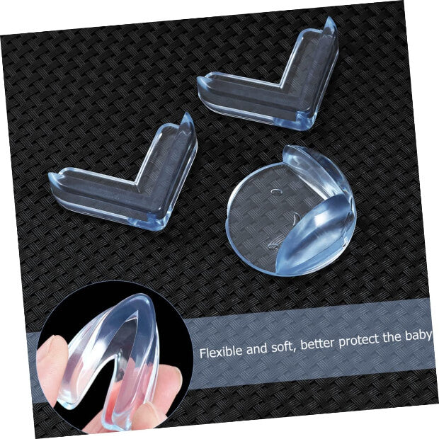Clear corner protectors on a textured black surface with text indicating their flexibility and softness.