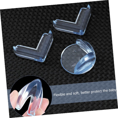 Clear corner protectors on a textured black surface with text indicating their flexibility and softness.