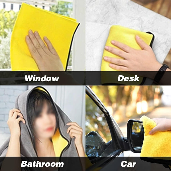 Yellow microfiber cloth being used on a window, desk, bathroom mirror, and car mirror.