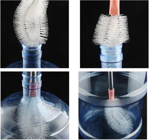Collage of a bottle brush cleaning a plastic bottle with a black background.