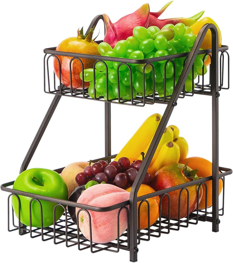 2-Tier Animal Design Fruit & Bread Basket ? Decorative Black Metal Rack for Fruits, Vegetables, Snacks ? Kitchen Countertop Storage Organizer - AABA MALL