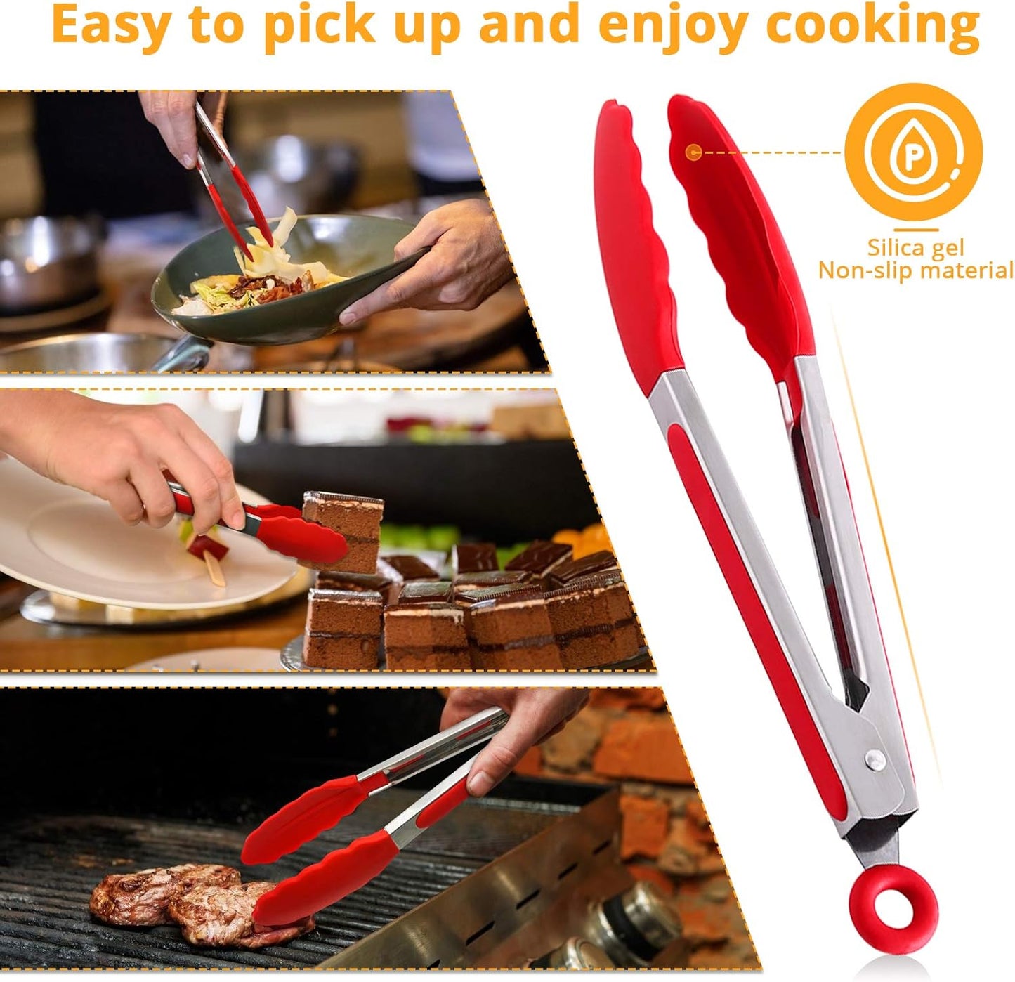 9.5" Stainless Steel Cooking Tongs with Silicone Tips | Heat-Resistant Metal Tongs with Non-Slip Rubber Grips