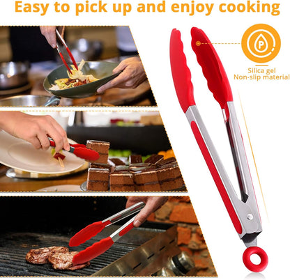 9.5" Stainless Steel Cooking Tongs with Silicone Tips | Heat-Resistant Metal Tongs with Non-Slip Rubber Grips