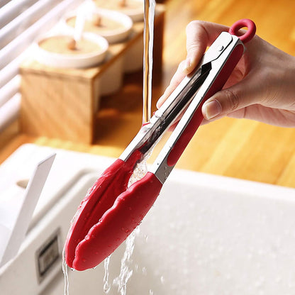 9.5" Stainless Steel Cooking Tongs with Silicone Tips | Heat-Resistant Metal Tongs with Non-Slip Rubber Grips