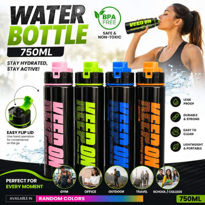 Set of colorful water bottles with 'Veez On' branding, featuring a woman drinking from one, on a promotional background.