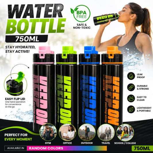 Set of colorful water bottles with 'Veez On' branding, featuring a woman drinking from one, on a promotional background.