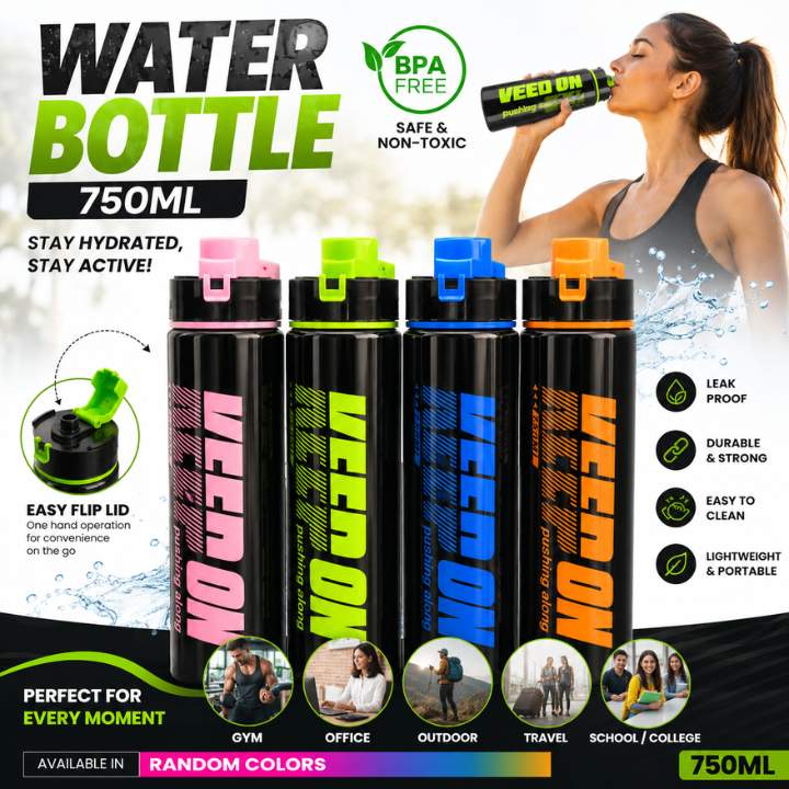 Set of colorful water bottles with 'Veez On' branding, featuring a woman drinking from one, on a promotional background.