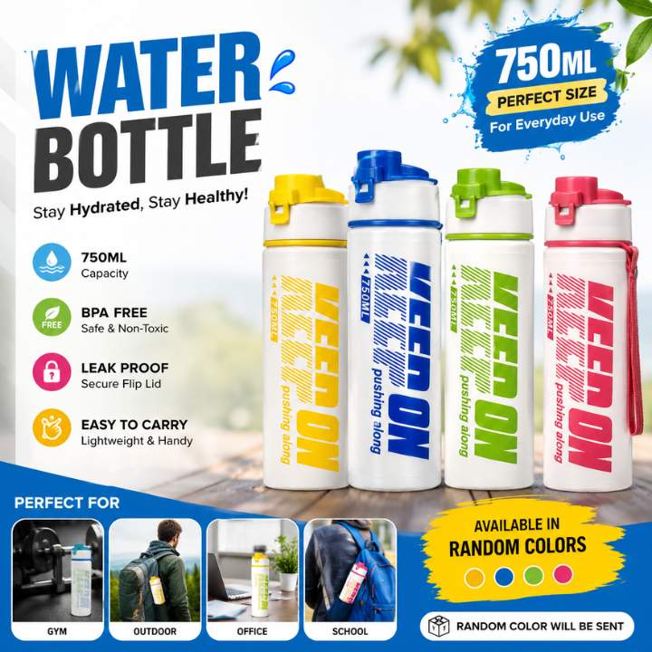 Promotional image of water bottles with various colors and features highlighted.