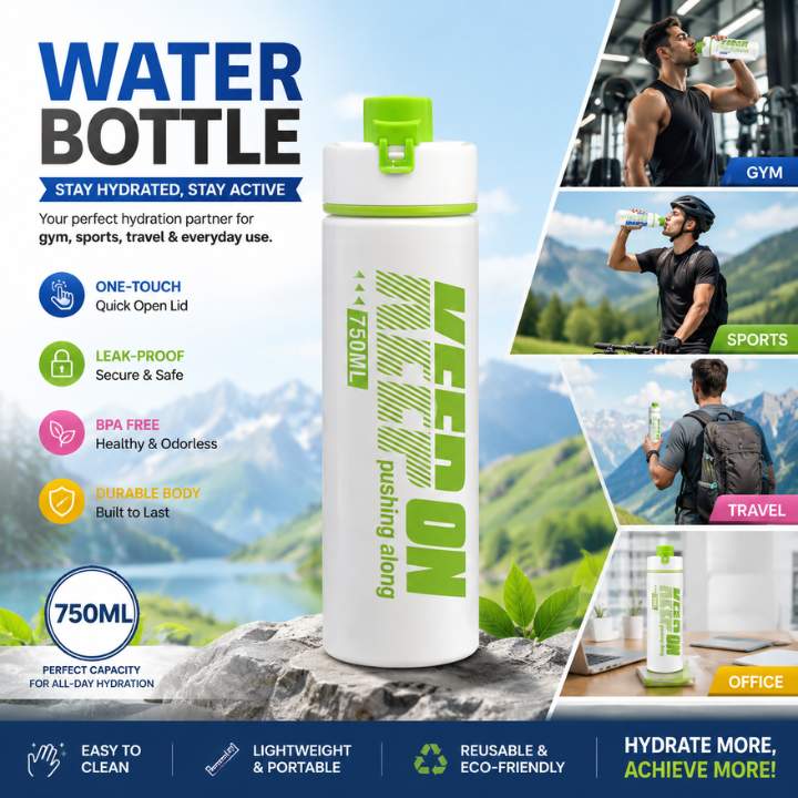 White water bottle with green text and features, set against a scenic background with people using the bottle.