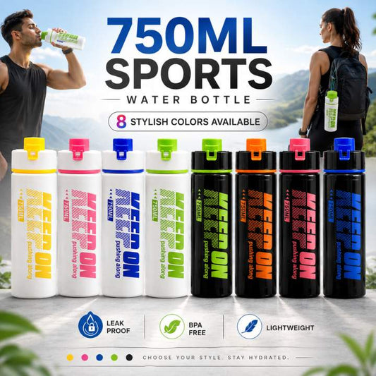 750ml sports water bottles in various colors with people outdoors.