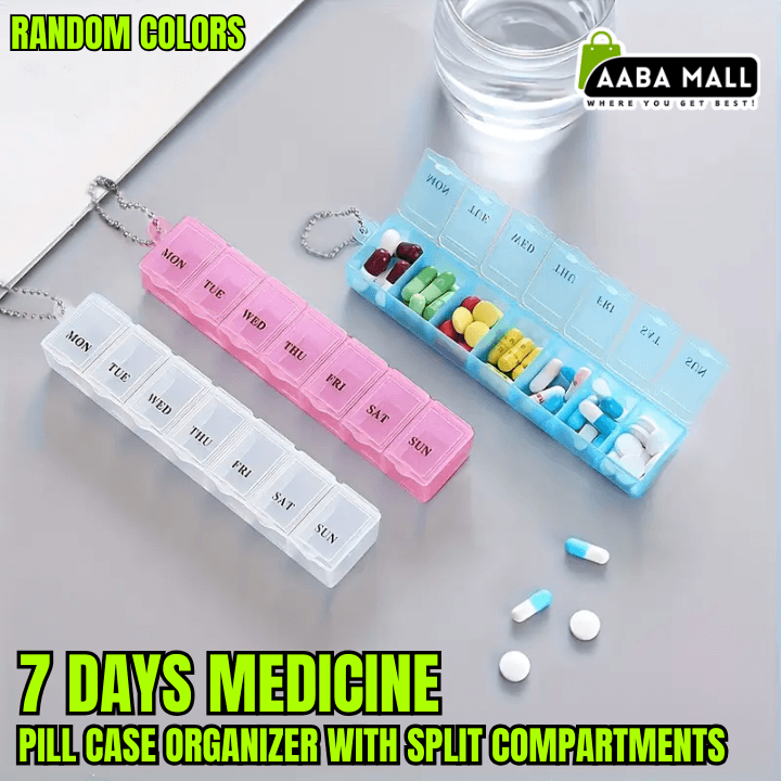 7-day medicine pill case organizer with split compartments on a gray surface, featuring AABA MALL branding.