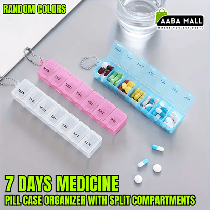 7-day medicine pill case organizer with split compartments on a gray surface, featuring AABA MALL branding.