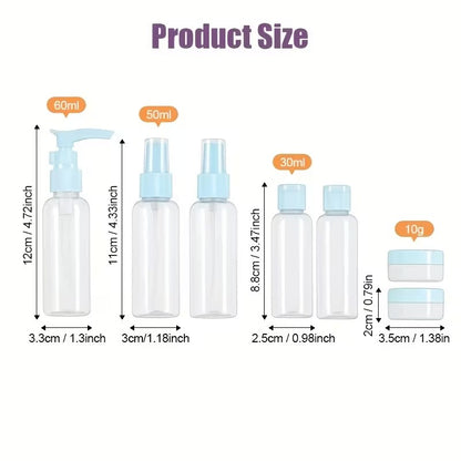 Set of 3 Pcs/ 4 Pcs / 5 Pcs / 7 Pcs Travel Kit Bottles & Dispensers | Portable Refillable Shampoo, Shower Gel, Face Wash & Lotion Containers
