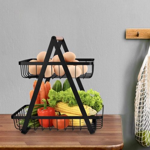 2-Tier Countertop Vegetable Fruit Basket Metal Basket Organizer for Kitchen Storage Black - AABA MALL