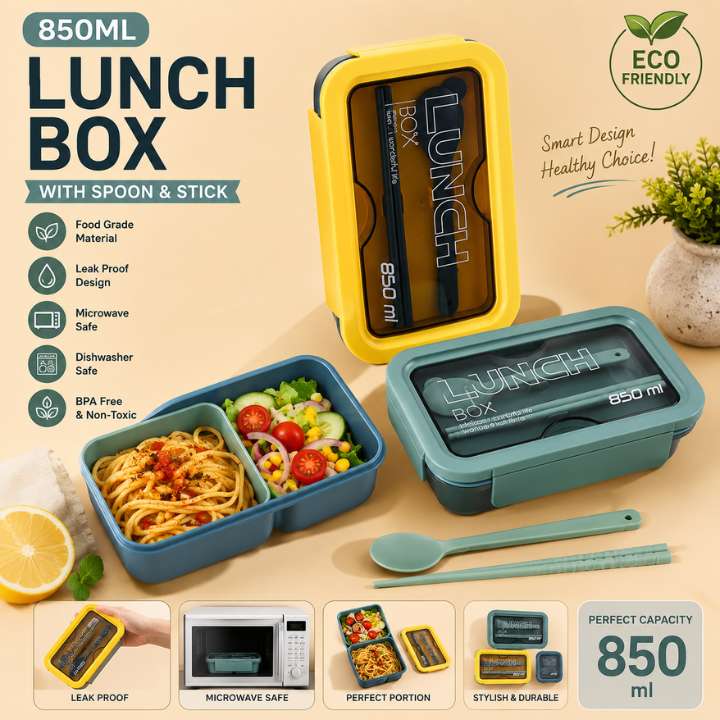 850ml Eco-Friendly Food Grade Plastic Bento Lunch Box with Spoon & Stick | Leakproof Portable Lunch Container