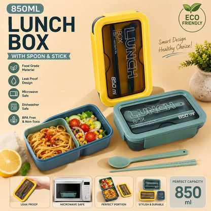 850ml Eco-Friendly Food Grade Plastic Bento Lunch Box with Spoon & Stick | Leakproof Portable Lunch Container