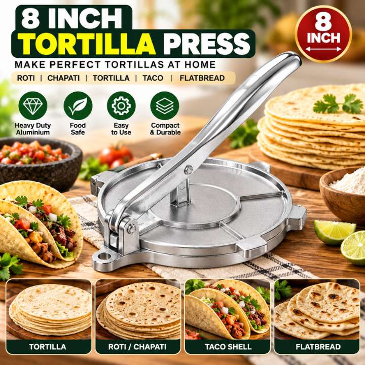 8 Inch Aluminium Tortilla Press Heavy Duty Manual Taco Maker for Homemade Corn and Flour Tortillas