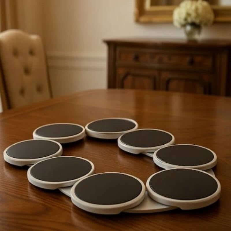 Set of round coasters on a wooden table with a blurred background