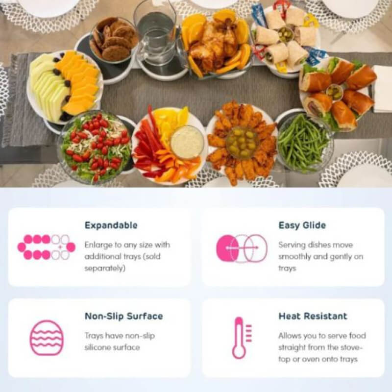 Diverse food items on a table with features of expandable, easy glide, non-slip surface, and heat resistant trays displayed below.