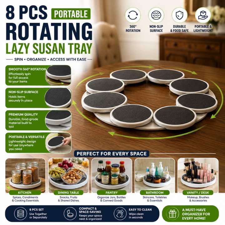 8 Pcs Portable Rotating Lazy Susan Tray | Expandable Track for Kitchen & Dining Table Easy Serving