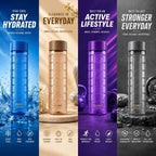 Four different colored water bottles with text describing features on a colorful background.
