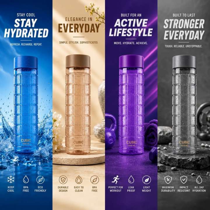 Four different colored water bottles with text describing features on a colorful background.