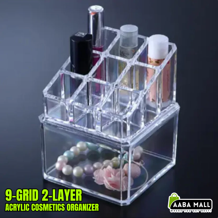 9-grid 2-layer acrylic cosmetics organizer on vanity table